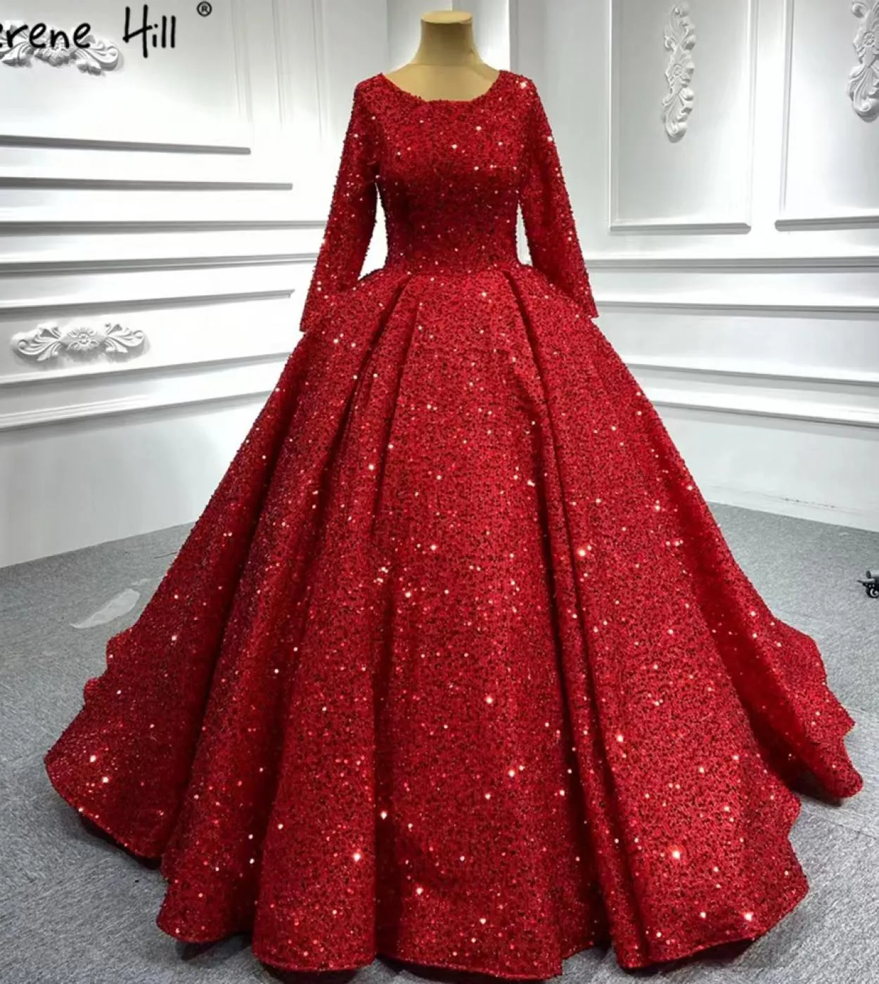 Serene Hill Abiti da sposa di lusso rosso musulmano Abiti da sposa maniche lunghe con perline scintillanti Ha2513 Dres da sposa