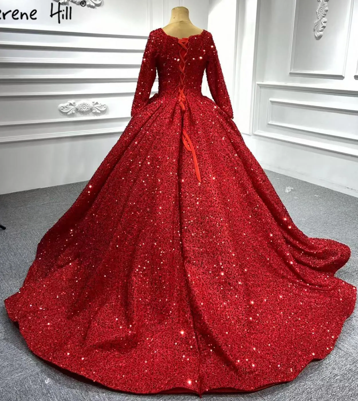 Serene Hill Abiti da sposa di lusso rosso musulmano Abiti da sposa maniche lunghe con perline scintillanti Ha2513 Dres da sposa