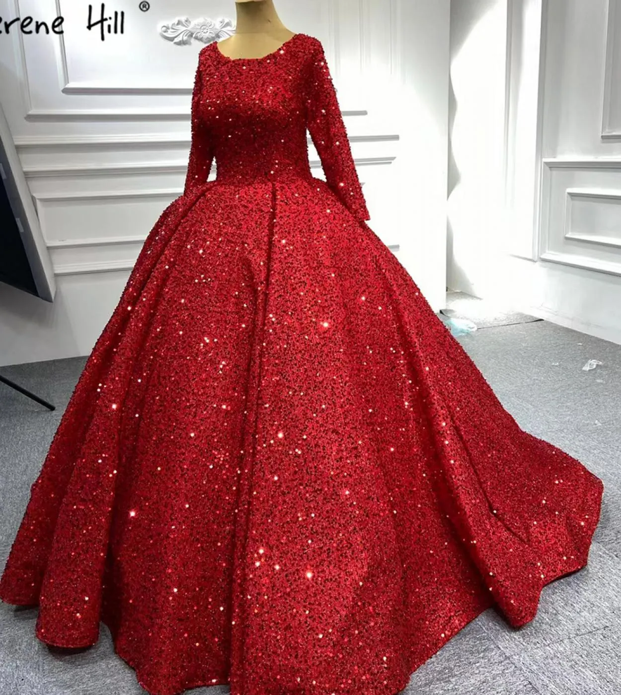 Serene Hill Abiti da sposa di lusso rosso musulmano Abiti da sposa maniche lunghe con perline scintillanti Ha2513 Dres da sposa