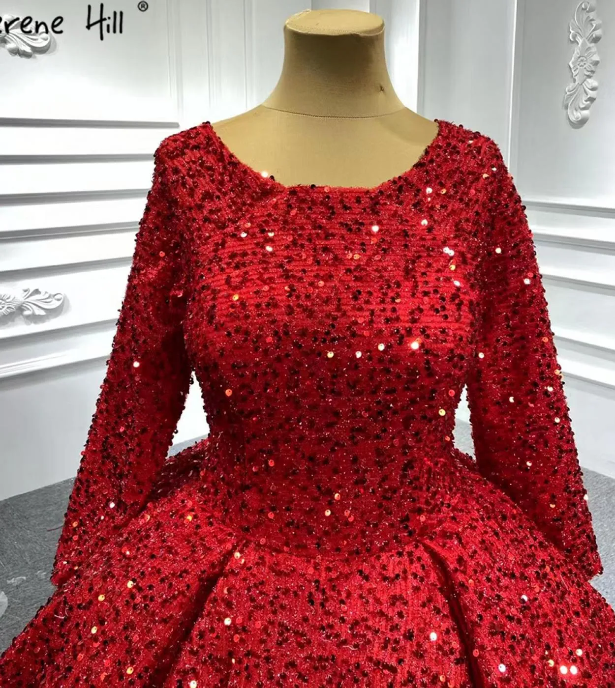 Serene Hill Abiti da sposa di lusso rosso musulmano Abiti da sposa maniche lunghe con perline scintillanti Ha2513 Dres da sposa
