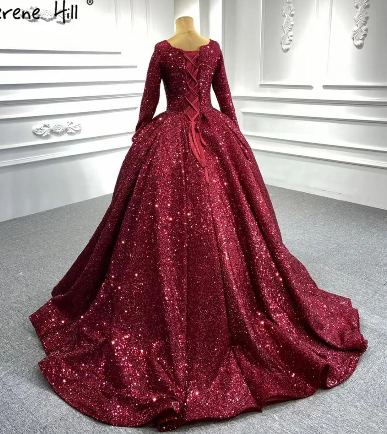Serene Hill Abiti da sposa di lusso rosso musulmano Abiti da sposa maniche lunghe con perline scintillanti Ha2513 Dres da sposa