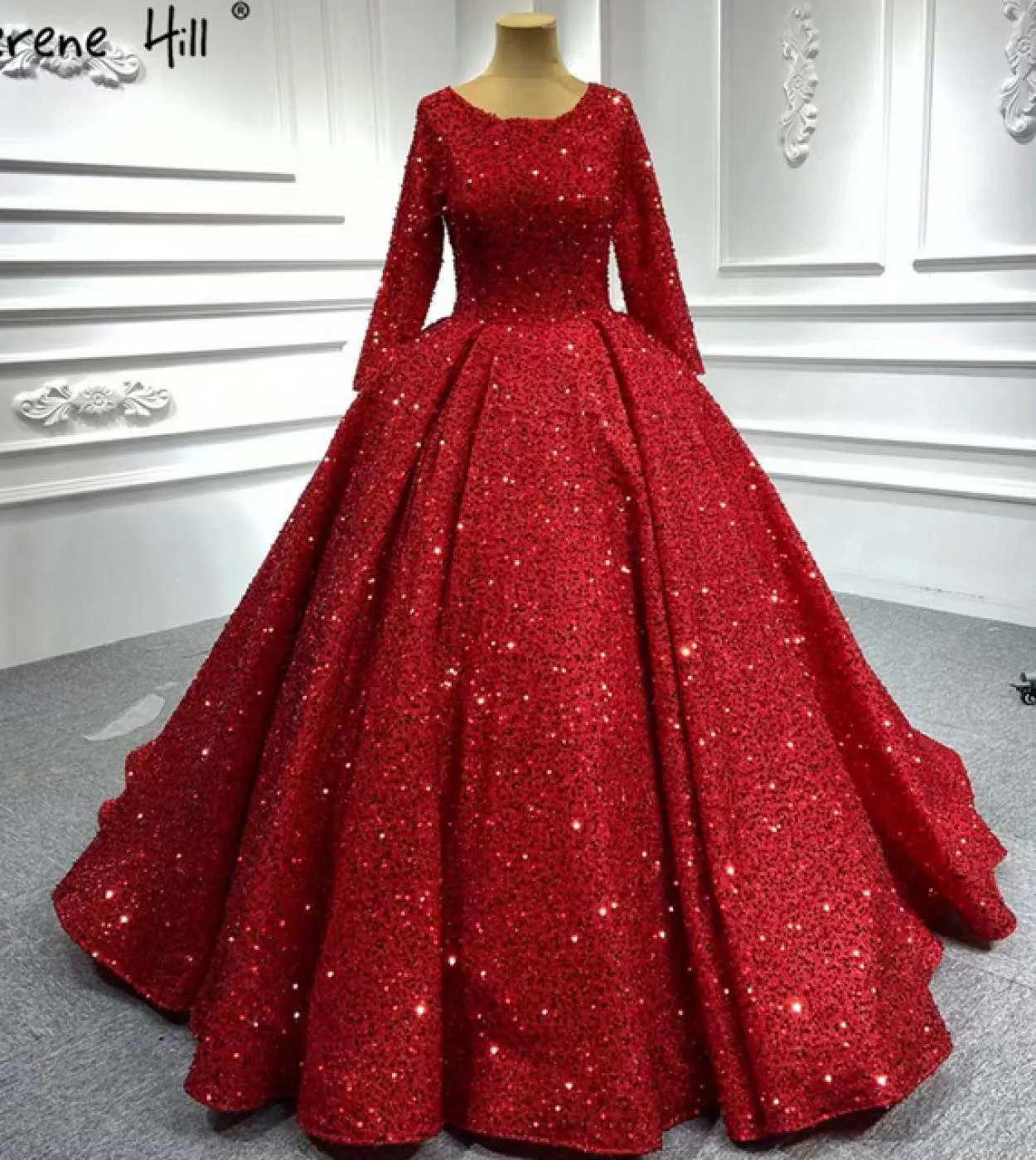 Serene Hill Abiti da sposa di lusso rosso musulmano Abiti da sposa maniche lunghe con perline scintillanti Ha2513 Dres da sposa